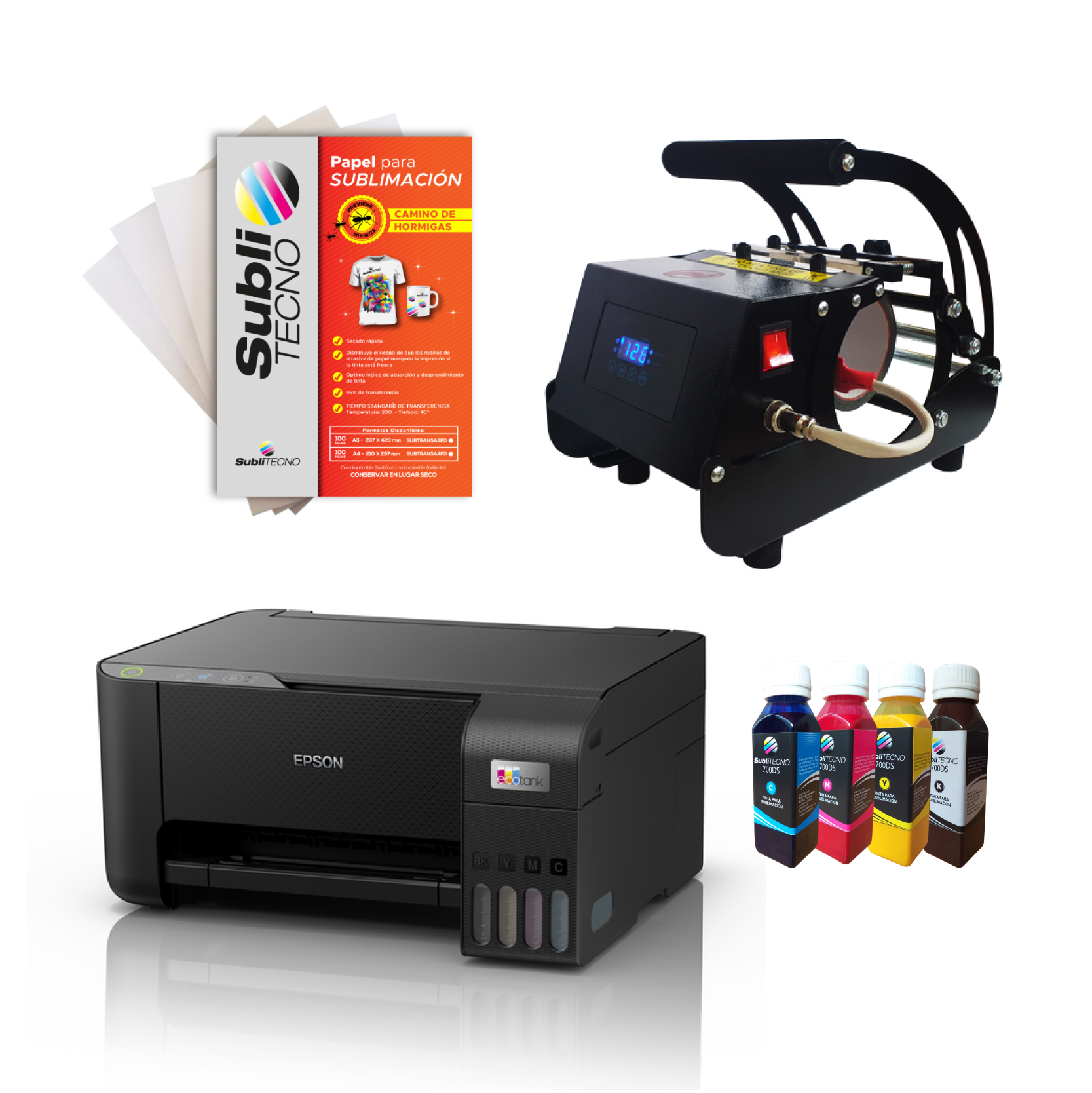COMBO EMPRENDEDOR SUBLIMACIÓN EPSON L3210/ ESTAMPADORA TAZAS/ PAPEL/ TINTAS  SUBLITECNO CMYK - Nicobuttons